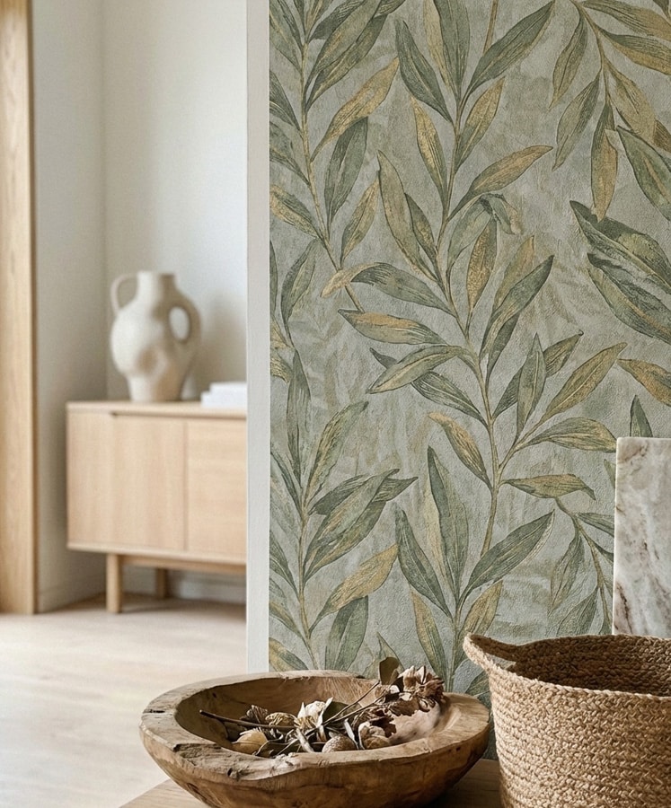 Botanical wallpaper detail in a residential room