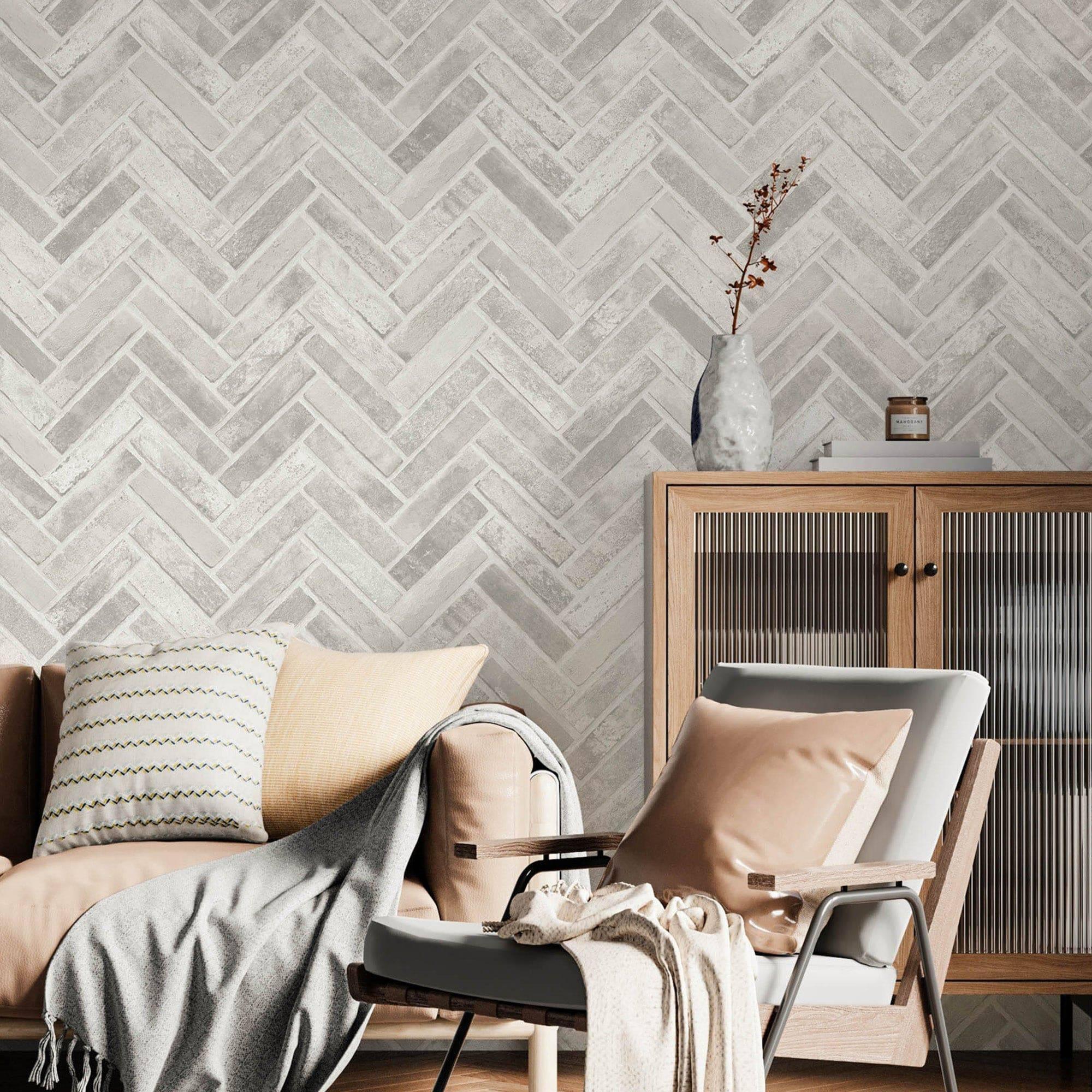Textured chevron wallcovering with layered seating