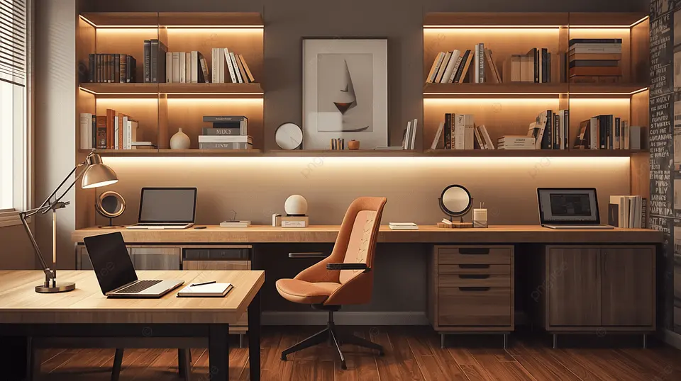 Warm shelf wall with integrated interior details