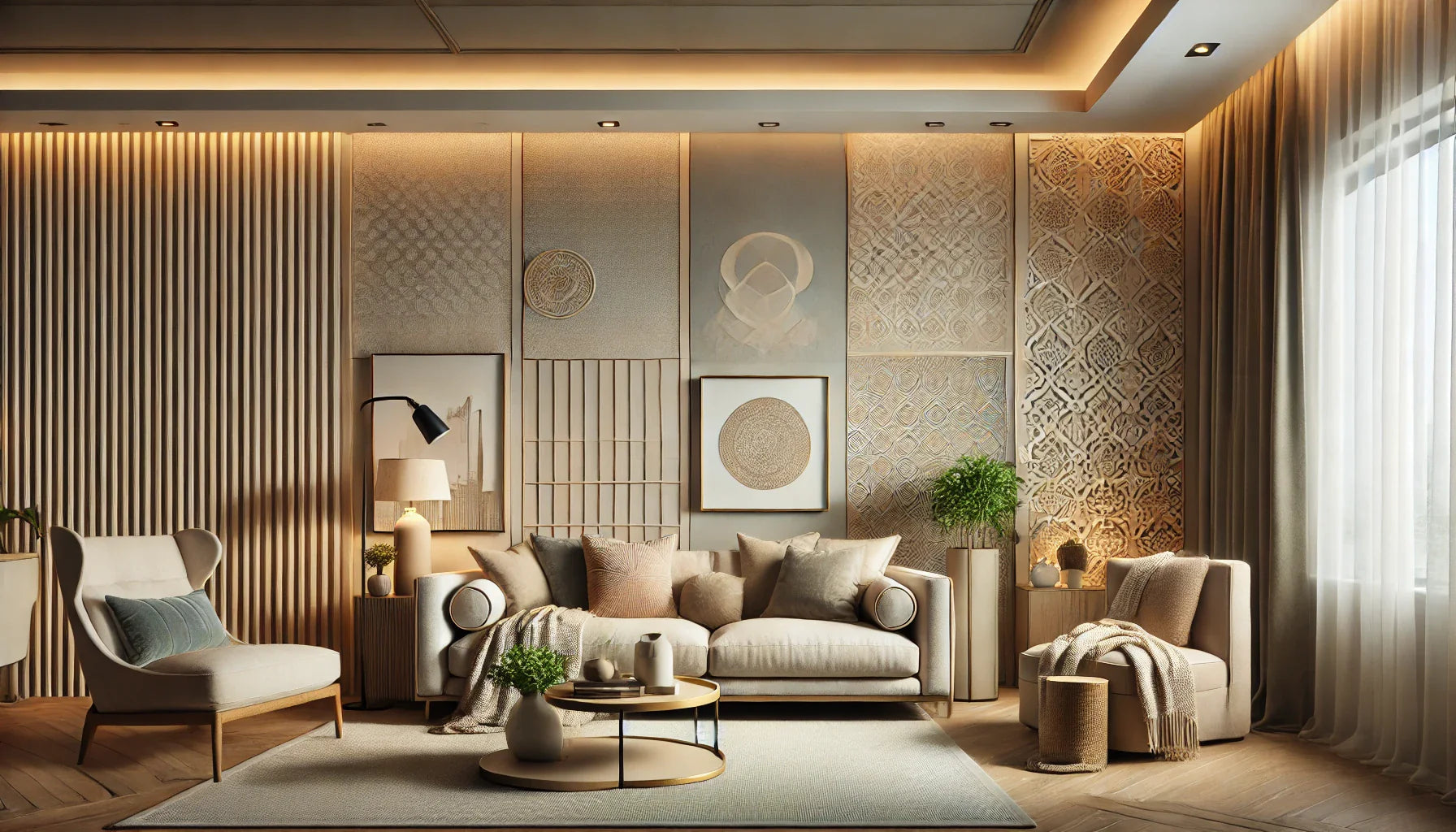 Sophisticated living room with designer wallcovering and warm built-in lighting